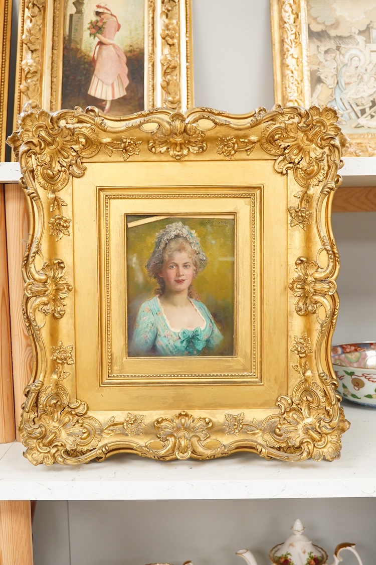 Continental School, 19th century, half length study of a lady, indistinctly signed Voelckers?, oil on board, 17 x 13cm, housed in gilt frame